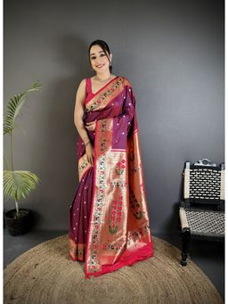 Elora - Women Wine Silk Blend Woven Saree with Unstitched Blouse