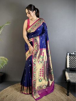 Elora - Women Blue Silk Blend Woven Saree with Unstitched Blouse