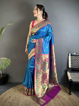 Elora - Women Blue Silk Blend Woven Saree with Unstitched Blouse