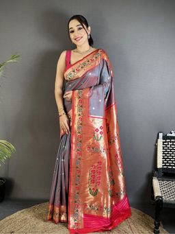 Elora - Women Grey Silk Blend Woven Saree with Unstitched Blouse