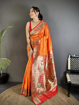 Elora - Women Orange Silk Blend Woven Saree with Unstitched Blouse