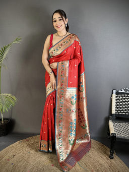 Elora - Women Red Silk Blend Woven Saree with Unstitched Blouse