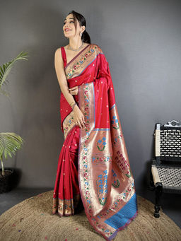 Elora - Women Red Silk Blend Woven Saree with Unstitched Blouse