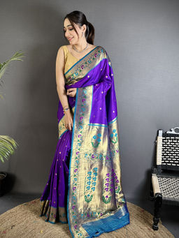 Elora - Women Purple Silk Blend Woven Saree with Unstitched Blouse