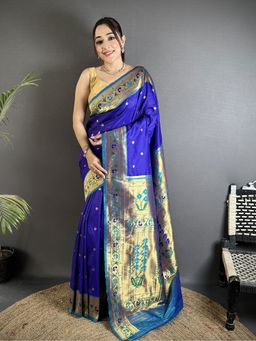 Elora - Women Blue Silk Blend Woven Saree with Unstitched Blouse