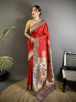 Elora - Women Red Silk Blend Woven Saree with Unstitched Blouse