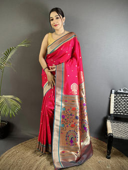 Elora - Women Pink Silk Blend Woven Saree with Unstitched Blouse