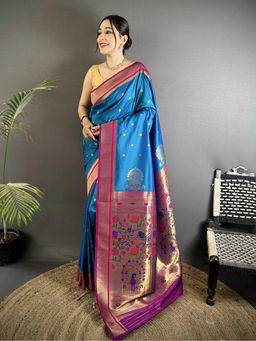 Elora - Women Teal Silk Blend Woven Saree with Unstitched Blouse