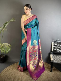 Elora - Women Teal Silk Blend Woven Saree with Unstitched Blouse