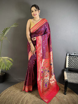 Elora - Women Wine Silk Blend Woven Saree with Unstitched Blouse
