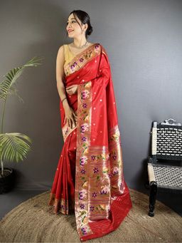 Elora - Women Red Silk Blend Woven Saree with Unstitched Blouse