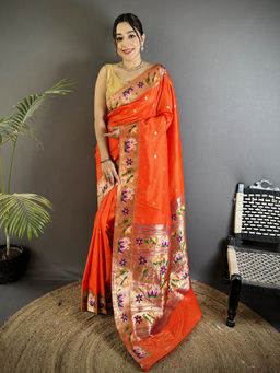 Elora - Women Orange Silk Blend Woven Saree with Unstitched Blouse