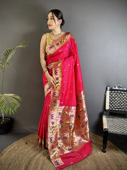 Elora - Women Pink Silk Blend Woven Saree with Unstitched Blouse