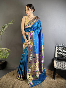Elora - Women Teal Silk Blend Woven Saree with Unstitched Blouse