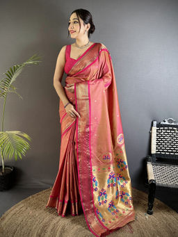 Elora - Women Peach Silk Blend Woven Saree with Unstitched Blouse
