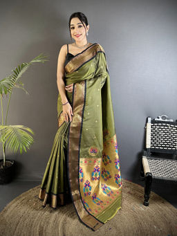 Elora - Women Green Silk Blend Woven Saree with Unstitched Blouse