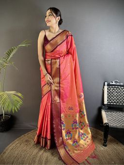 Elora - Women Orange Silk Blend Woven Saree with Unstitched Blouse