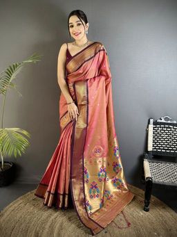 Elora - Women Pink Silk Blend Woven Saree with Unstitched Blouse