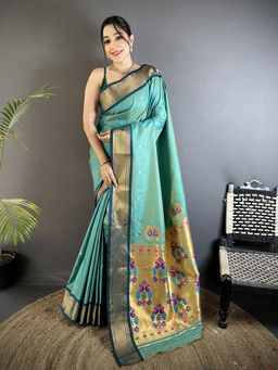 Elora - Women Turquoise Silk Blend Woven Saree with Unstitched Blouse