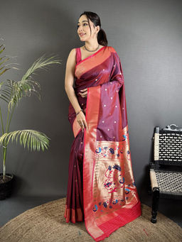 Elora - Women Wine Silk Blend Woven Saree with Unstitched Blouse