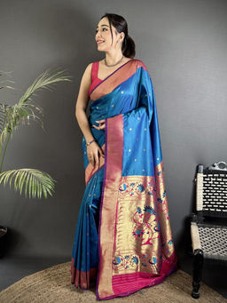 Elora - Women Teal Silk Blend Woven Saree with Unstitched Blouse