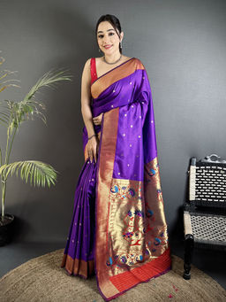 Elora - Women Purple Silk Blend Woven Saree with Unstitched Blouse