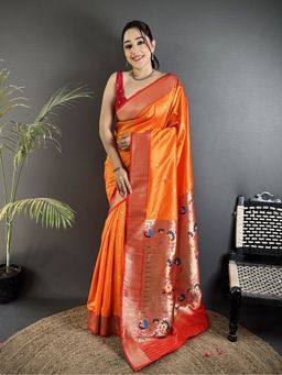 Elora - Women Orange Silk Blend Woven Saree with Unstitched Blouse