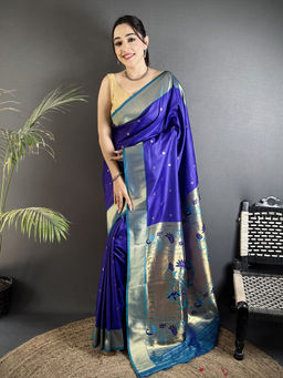 Elora - Women Blue Silk Blend Woven Saree with Unstitched Blouse