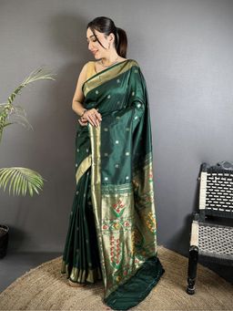 Elora - Women Green Silk Blend Woven Saree with Unstitched Blouse