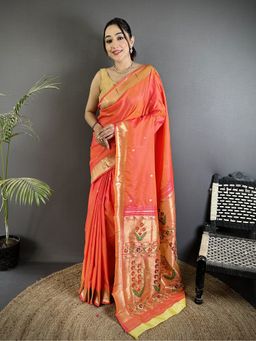 Elora - Women Orange Silk Blend Woven Saree with Unstitched Blouse