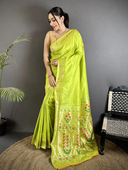 Elora - Women Green Silk Blend Woven Saree with Unstitched Blouse