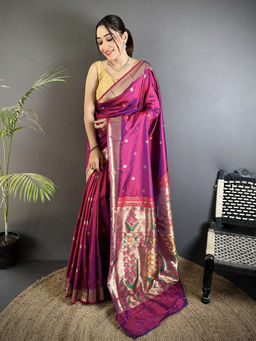 Elora - Women Magenta Silk Blend Woven Saree with Unstitched Blouse