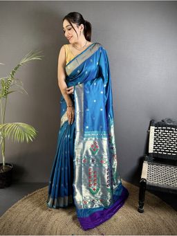 Elora - Women Blue Silk Blend Woven Saree with Unstitched Blouse