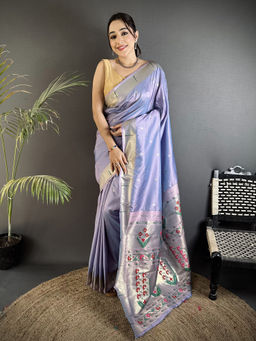 Elora - Women Lavender Silk Blend Woven Saree with Unstitched Blouse
