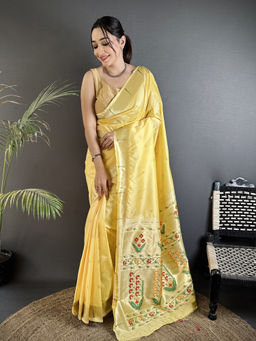 Elora - Women Yellow Silk Blend Woven Saree with Unstitched Blouse