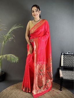 Elora - Women Pink Silk Blend Woven Saree with Unstitched Blouse