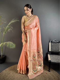 Elora - Women Peach Silk Blend Woven Saree with Unstitched Blouse