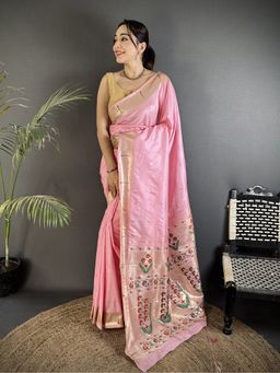 Elora - Women Pink Silk Blend Woven Saree with Unstitched Blouse