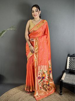 Elora - Women Orange Silk Blend Woven Saree with Unstitched Blouse