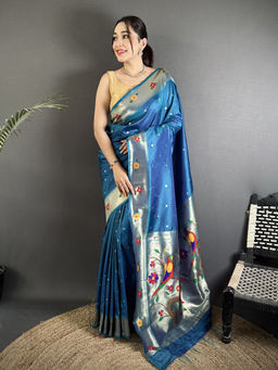 Elora - Women Teal Silk Blend Woven Saree with Unstitched Blouse
