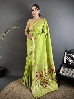 Elora - Women Green Silk Blend Woven Saree with Unstitched Blouse