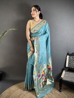 Elora - Women Blue Silk Blend Woven Saree with Unstitched Blouse
