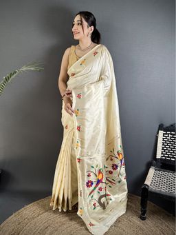 Elora - Women Off White Silk Blend Woven Saree with Unstitched Blouse