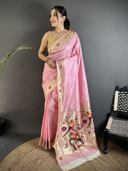 Elora - Women Pink Silk Blend Woven Saree with Unstitched Blouse