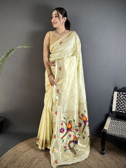 Elora - Women Cream Silk Blend Woven Saree with Unstitched Blouse