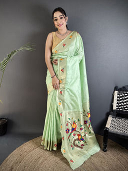 Elora - Women Green Silk Blend Woven Saree with Unstitched Blouse
