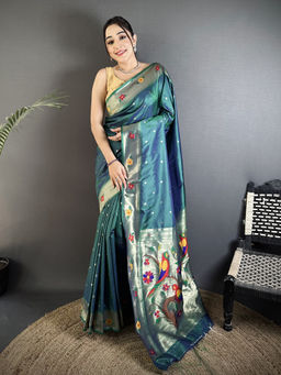 Elora - Women Teal Silk Blend Woven Saree with Unstitched Blouse
