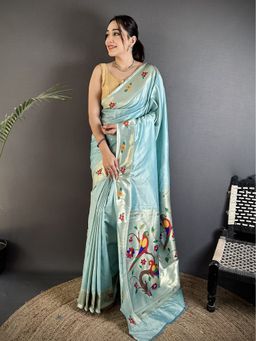 Elora - Women Blue Silk Blend Woven Saree with Unstitched Blouse