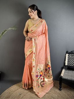 Elora - Women Peach Silk Blend Woven Saree with Unstitched Blouse