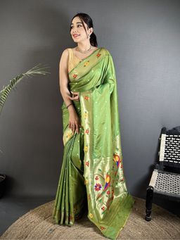 Elora - Women Green Silk Blend Woven Saree with Unstitched Blouse